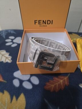 Fendi White and Silver FF Logo Buckle Belt